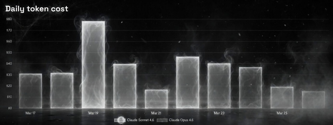 Bar chart showing daily token cost with dramatic smoke effects